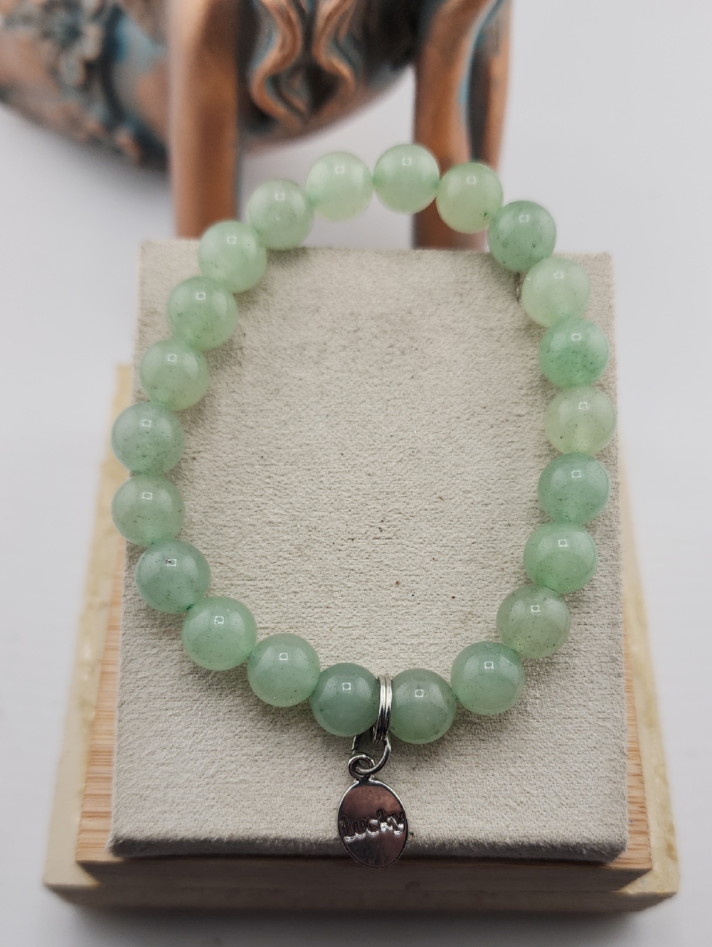 Green Jade Glass Bead W Lucky Charm Stretch Bracelet